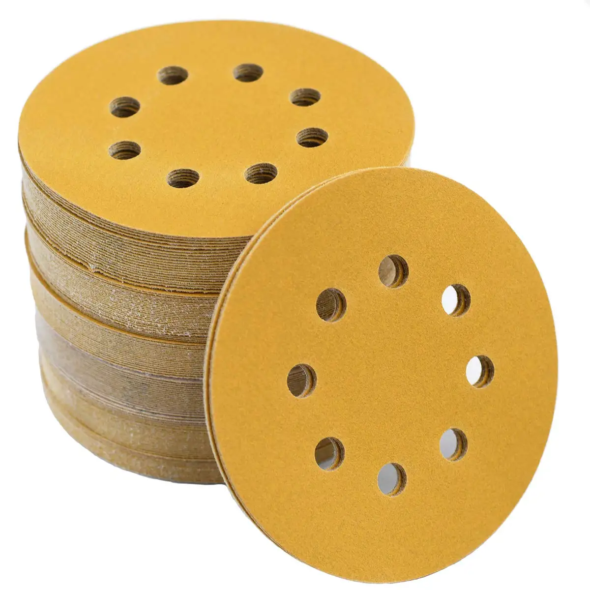 5inch Gold Sanding Disc 50PCS 8 Hole Hook and Loop Sandpaper 60-240 Assorted Grits for DA Sander Dry Sand Paper Dustless