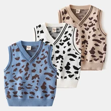 Свитера для маленьких мальчиков и девочек 2-8 лет, жилеты зимняя детская одежда с v-образным вырезом Осенняя детская одежда с леопардовым принтом вязаные жилеты