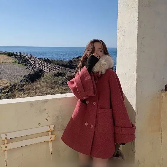 JuneLove Женское зимнее плотное шерстяное пальто с меховым воротником, Дамская верхняя одежда трапециевидной формы с карманами, винтажное женское двойное теплое пальто