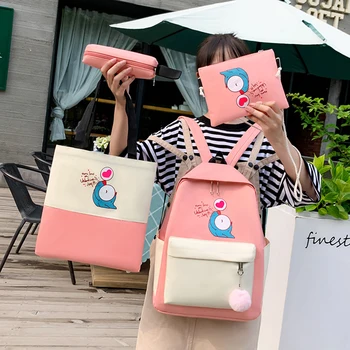 

4pcs/Set Canvas Backpacks Cute Cartoon Girls Student Mochila Travel Shoulder Bag Vintage Bags for Student Birthday Gifts