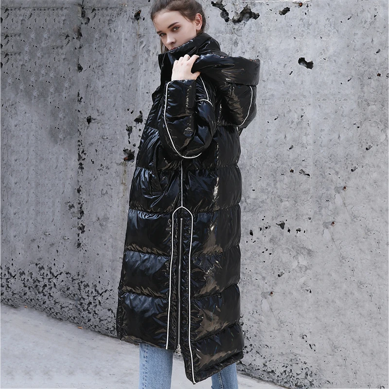 Winter Down Parka Women Street Glossy Jacket Fuffy White Duck Down Coat Over the knee Long Hooded Thick Warm Parkas Ladies