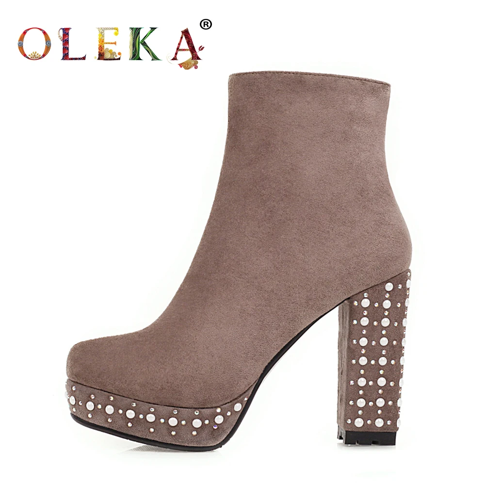 

OLEKA Mid-calf Winter Boots Square Heel Rivet Square Toe Sexy Boots Elegant Style Chelsea Boots New AS849