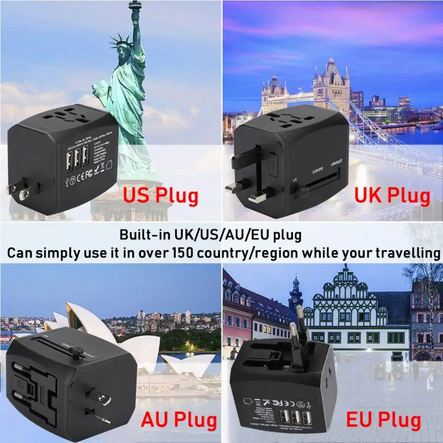3 порта USB удобная зарядка Универсальный адаптер питания вилка 100-240V Международный адаптер для путешествий