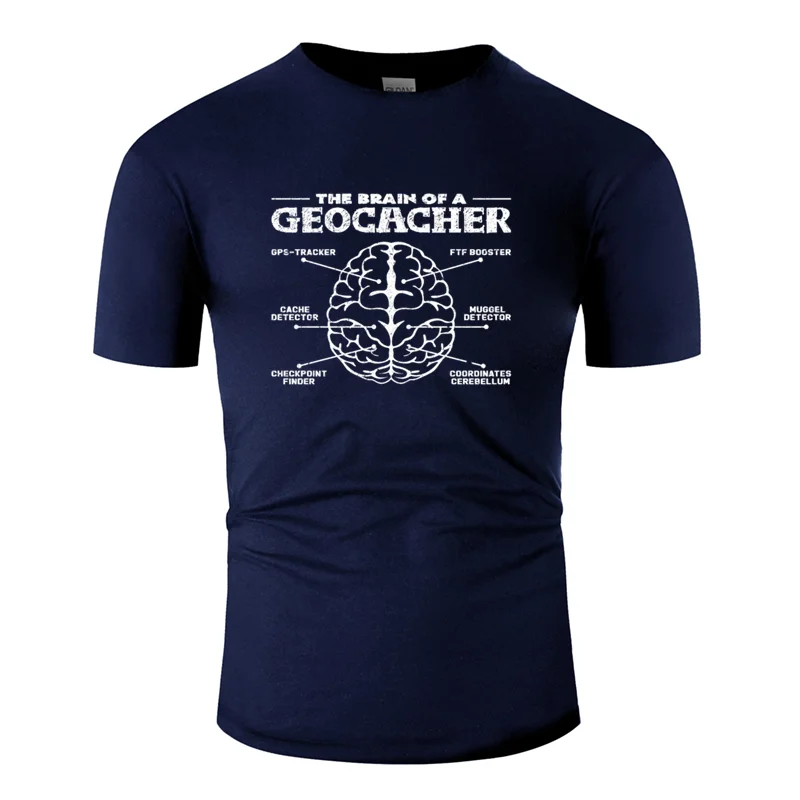 Новинка, футболка для мужчин с надписью «The brain of a geocacher», футболка для мужчин, тонкая мужская футболка с солнечным светом, хлопковая Футболка с круглым воротником - Цвет: Men-Navy Blue