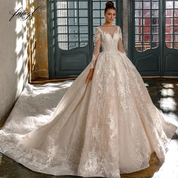 

Fmogl Sexy Illusion Long Sleeve Lace Ball Gown Wedding Dresses 2019 Luxury Appliques Beaded Chapel Train Vintage Bridal Gowns