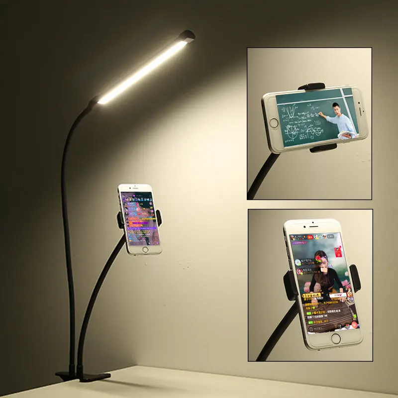  360 Degree Mobile Phone Holder Stand With Selfie LED Light for Live Stream Long Arm Bracket Desk La