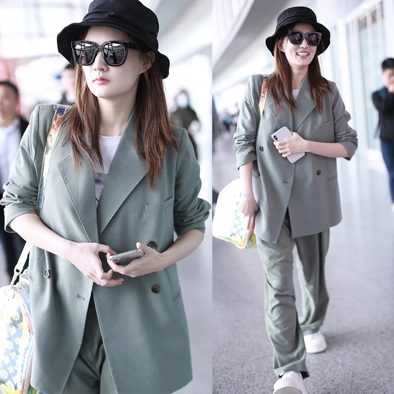 Star Same-style Loose Casual Open-style Casual Heavy-pants Suit Commuter 2019 Notched Double Breasted Jacket Women Coat