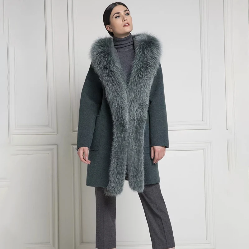 CKMORLS модное шерстяное длинное пальто из натурального меха, куртка с воротником из натурального Лисьего меха, женское кашемировое пальто, зимняя куртка manteau femme