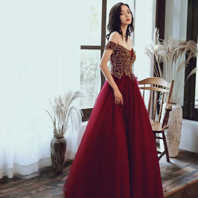 Бургундские сетчатые платья женские новые элегантные Qipao Аппликации вечернее платье с открытыми плечами Cheongsam сексуальное платье De Soiree - Цвет: burgundy B