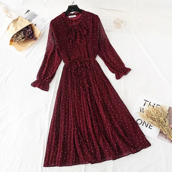 

Polka dot elegant women dress casual Flare sleeve long party dress bow Dot print Pleated chiffon dresses vintage vestido