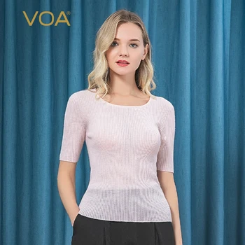 

Voa Pure 60-count Worsted Cashmere Five-point Short-sleeved Thin Soft Slim Elastic 16-pin T-shirt R16 T Shirt Women Befree