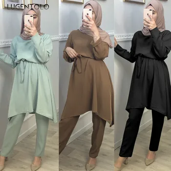 

Lugentolo Women 2 Piece Set Fashion Muslim Fresh Simple Elegant Lace-up Middle East Midi Dress Solid Long Pants Lady Sets