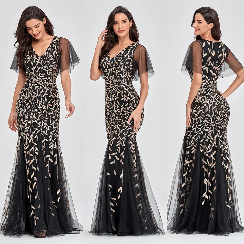 

Mermaid Bridesmaid Dresses 2020 V Neck Ruffle Sleeve Women Dress Elegant Chiffon Emboridery Black Bridesmaid Formal Gown