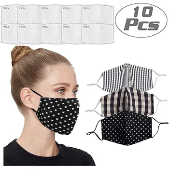 

3Set Breathable Face Mask With 10PC Filters Cotton Stripe Prints Reusable Washable Masks Face Unisex Dust-proof Mouth Cover Mask