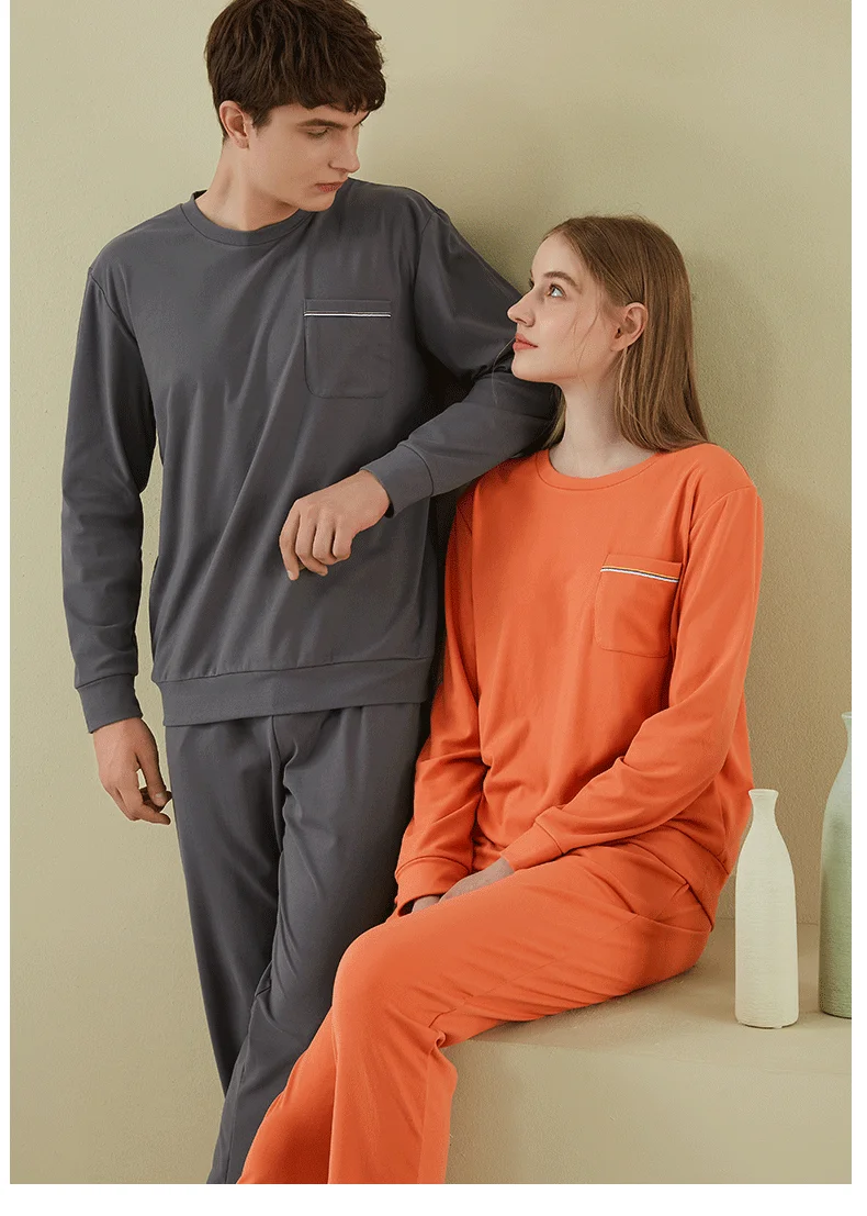 Winter Women Men Round Collar Pure Color Long Sleeve Cotton Trousers Home Clothes Cardigan Sleepwear Pajamas For Lover Couple mens silk pajamas