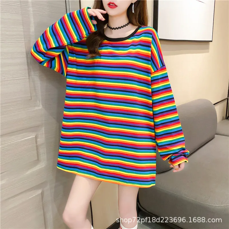 

Rainbow Stripe T Shirt Autumn Harajuku Female Shirt Long Sleeve Plus Size Tshirts Woman Korean Tops Feminine O-Neck