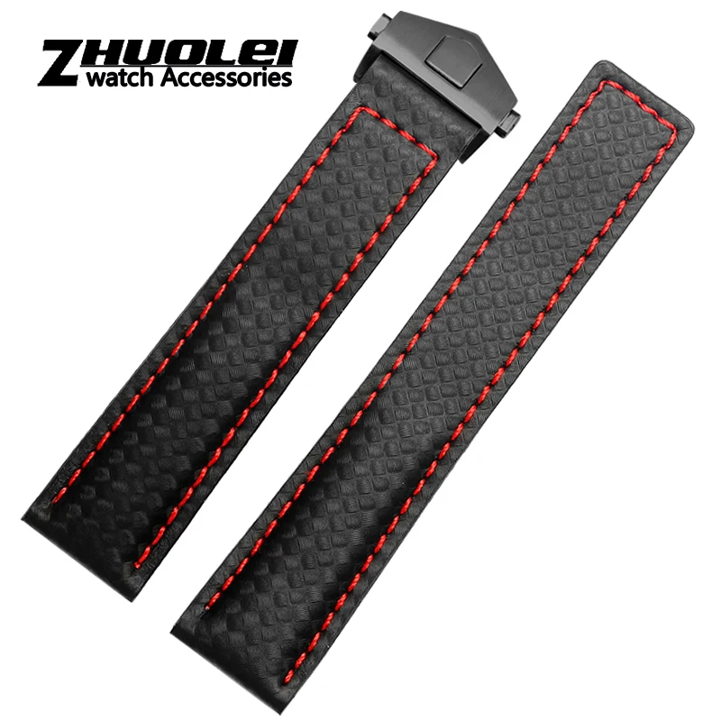 Textura de Fibra de Carbono Couro Genuíno Pulseira Inferior para a Marca Pulseiras Cintas Masculinas 19 mm 20 mm 22 mm com Fivela Dobrável - Image 6