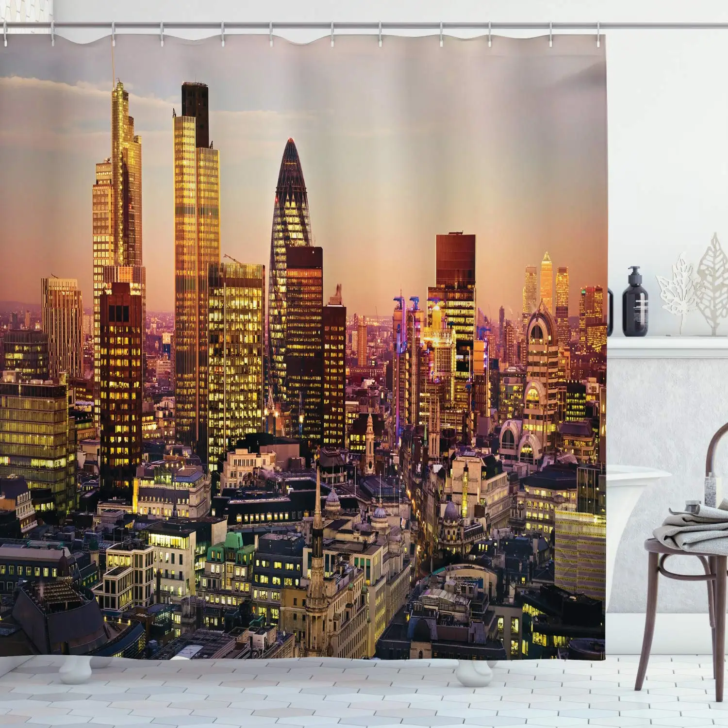 

New York Shower Curtain, Global City Sunset Reflecting on Skyscrapers Famous Town Landmark View Photo Print, Cloth Fabric