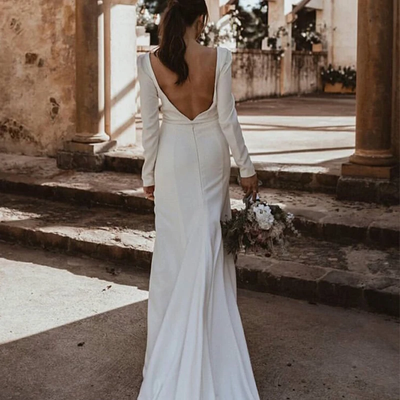 Booma винтажные Свадебные платья с v-образным вырезом и длинными рукавами, платья с открытой спиной из эластичного атласа, простые свадебные платья