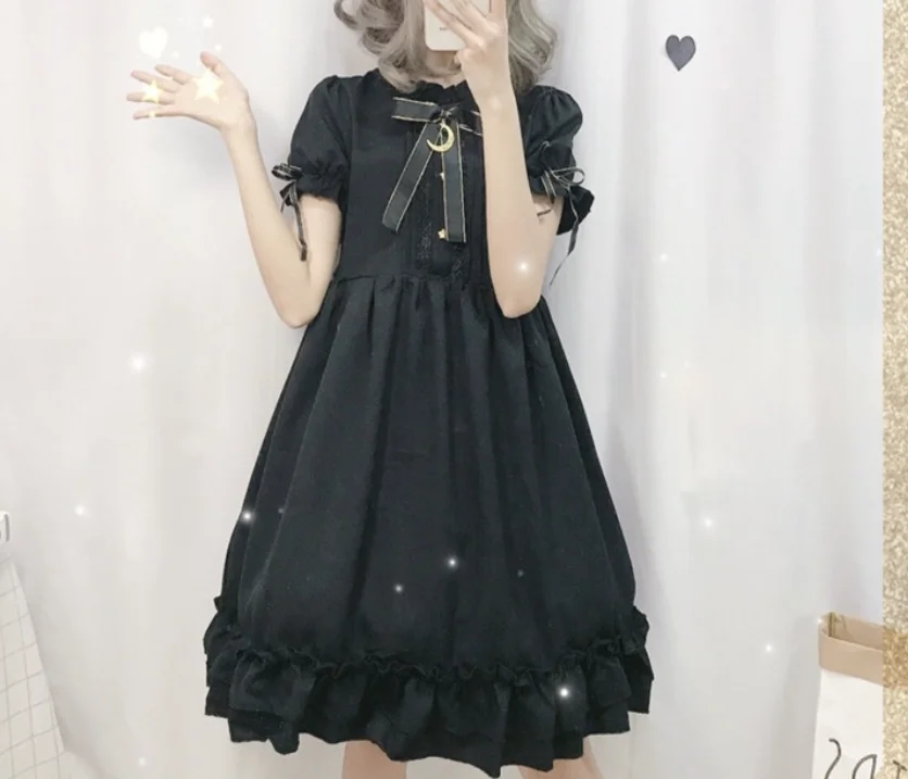 short sleeve Платье Лолиты с принтом лоли, платье принцессы кавайи для девочек, однотонное черное платье с бантом и оборками, вырез лодочкой, высокая талия, готическое винтажное Повседневное платье лолиты - Цвет: short sleeve