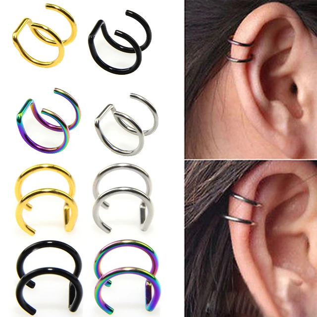 1 pçs clipe no envoltório brinco tragus 2 anéis de aço inoxidável orelha manguito clipe nariz anel falso piercing corpo jóias dilataciones falsas