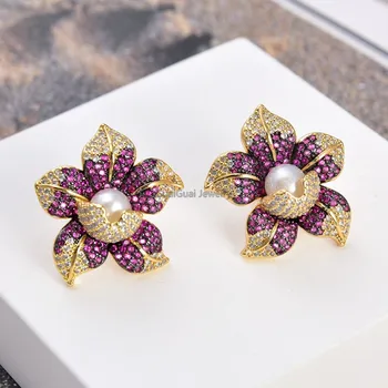 

GuaiGuai Jewelry Cz Pave Pearl Earrings White Pearl Yellow Gold Plated Cz Flower Stud Earrings