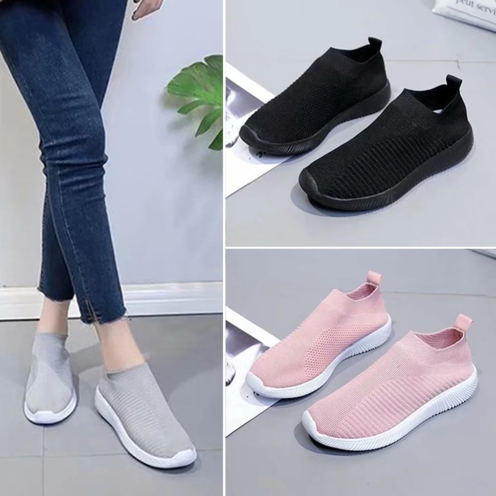 

Women Shoes Plus Size 40 Women Vulcanize Shoes Fashion Slip On Sock Shoes Female Mesh Gray Sneakers Flat Casual Tenis Feminino