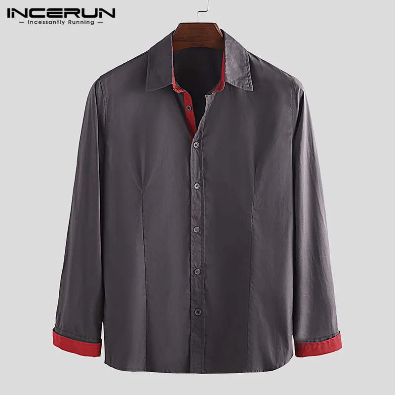 Gray Red INCERUN, мужские рубашки, модные, в стиле пэчворк, с длинным рукавом, брендовые, с отворотом, на пуговицах, деловые, Socail, рубашки для мужчин, для фитнеса, Camisa размера плюс - Цвет: Gray Red