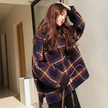 TVVOVVIN/ г. Осенне-зимняя новая свободная шерстяная куртка Корейская версия шерстяного пальто в клетку с высоким воротником 19F-a560