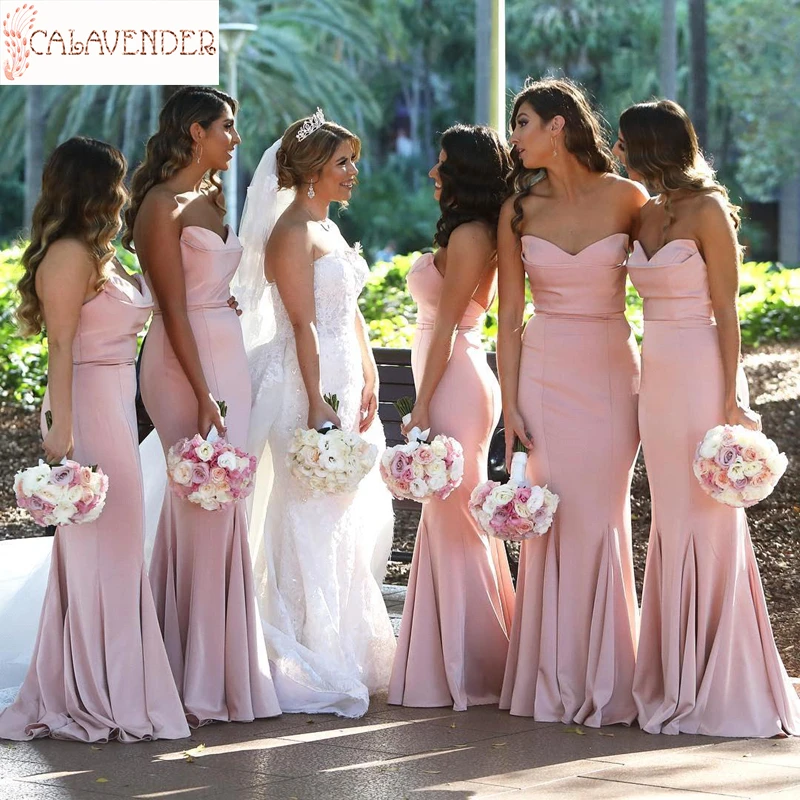 

Imported Satin Light Pink Bridesmaid Dresses Sweetheart Mermaid Wedding Guest Dress with Sweep Train Robe De Soiree De Mariage