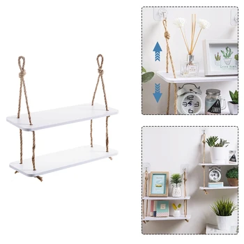 

2 Tier Hanging Wall Shelf Wood Swing Storage Shelves Rope Organizer Rack Home DIY Decorative Organization Shelf Cabinet Storage