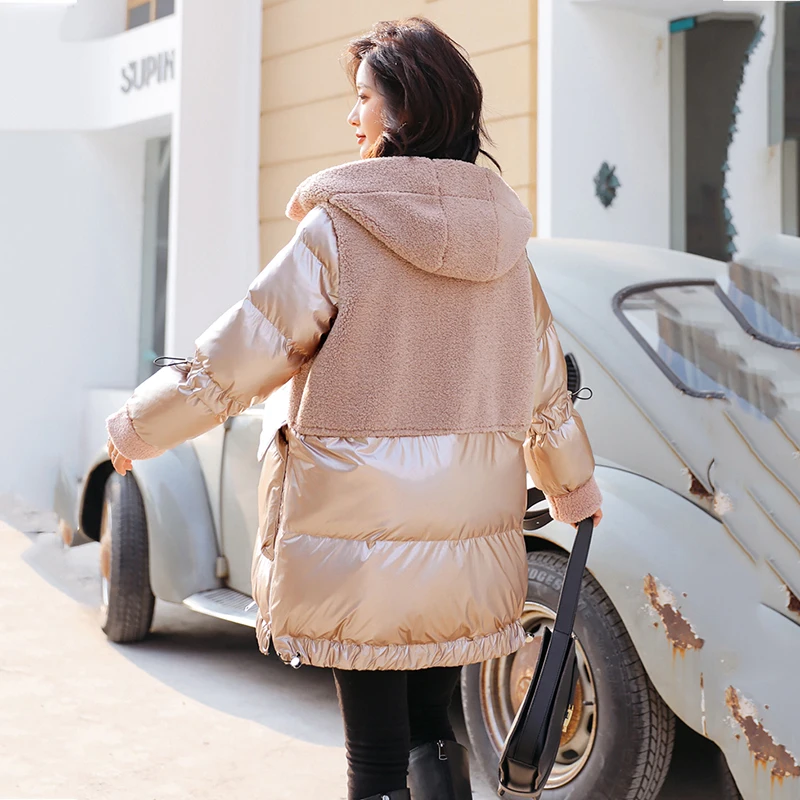 Imported Australian Wool Fur Jackets Women Bright face down cotton Outwear Female Elegant Patchwork Parkas Ladies Winter Coat