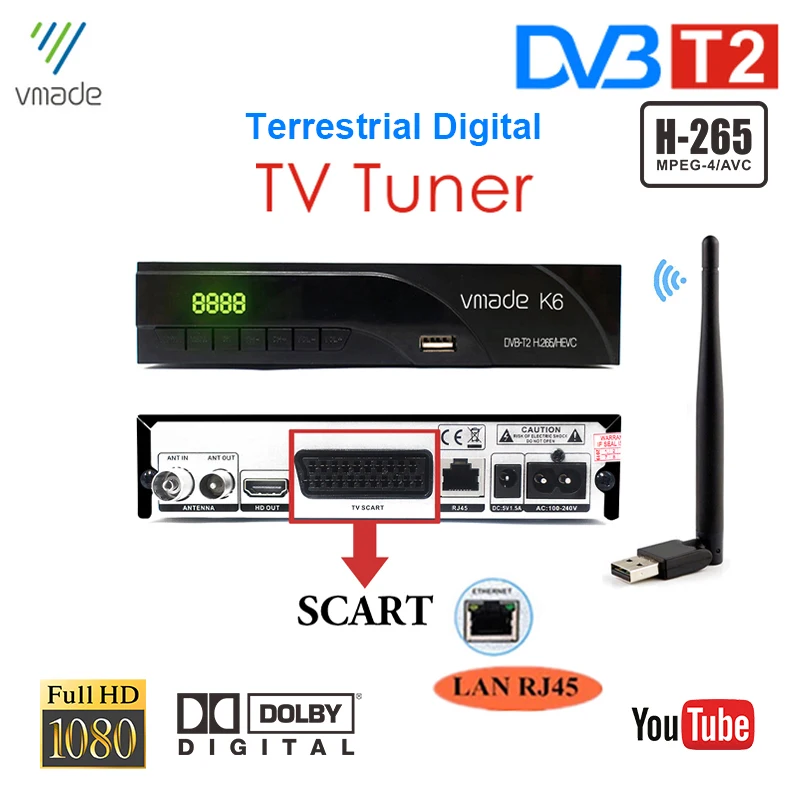 

Vmade DVB T2 Terrestrial digital TV Receivers With Scart Build-in RJ45 Port H.265 HD FTA Channel TV Tuner Receptor Set Top Boxes
