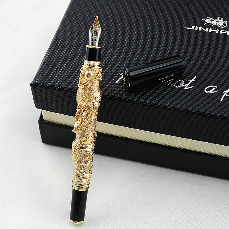 Jinhao Noble Brand Gold Dragon Business Gift Fountain Pen 0.5mm Fine Nib Metal Gold Writing Ink Pens School Office Stationery