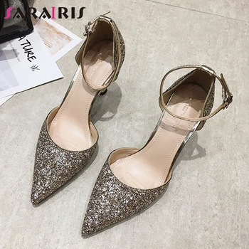 

SARAIRIS Sexy Party Female Sandals Pointed Toe Cover Heel High Heels Sandals Women Ankle Strap Bling Wedding Shoes Woman