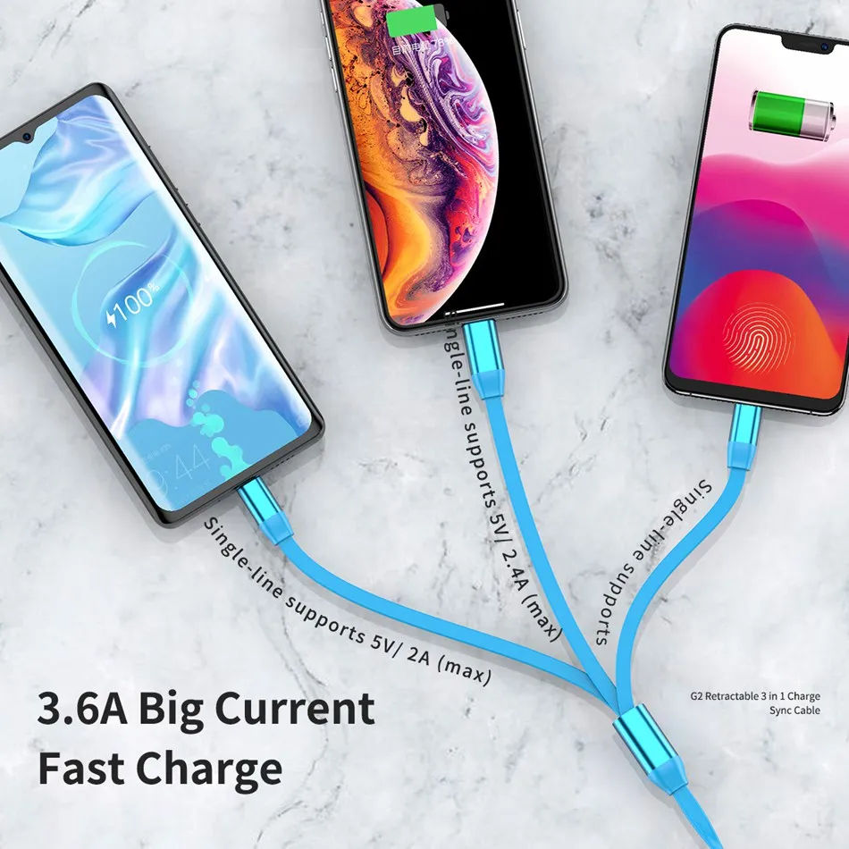 ROCK 3 в 1 usb type C Micro USB кабель type-c для iPhone samsung зарядное устройство 3.6A Быстрая зарядка Выдвижной Провод для освещения Microusb