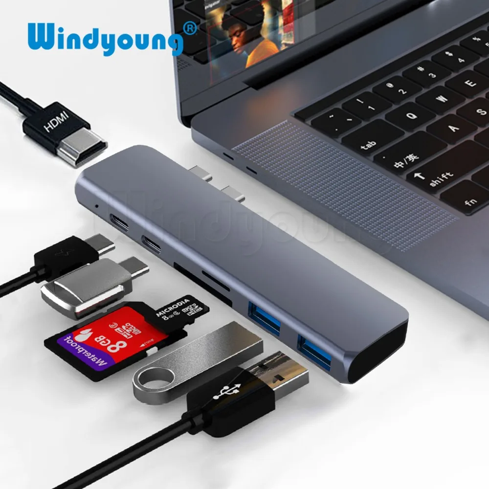 USB C концентратор type C Thunderbolt 3 адаптер USB-C док-ключ с HDMI 4K PD USB 3,0 SD TF кард-ридер для MacBook Pro Air 13 15