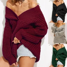 Зимний теплый вязаный свитер с v-образным вырезом, женский толстый пуловер с длинным рукавом, женский сексуальный черный свитер с открытыми плечами