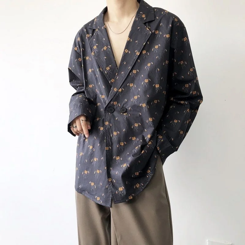 

2021 Men's Flower Printing Cotton Wash Clothes Shirts Lapel Collar Long Sleeve Shirts Camisa Masculina French Cuff Shirts M-XL