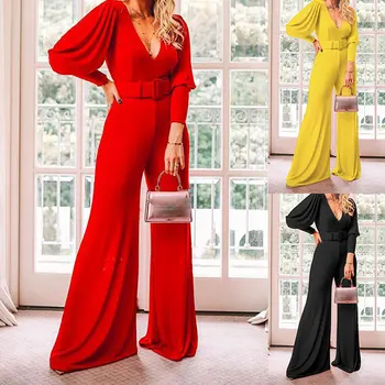 

2020 Spring Women's Solid Color V-neck Long Sleeve High Waist Fashion Jumpsuit
