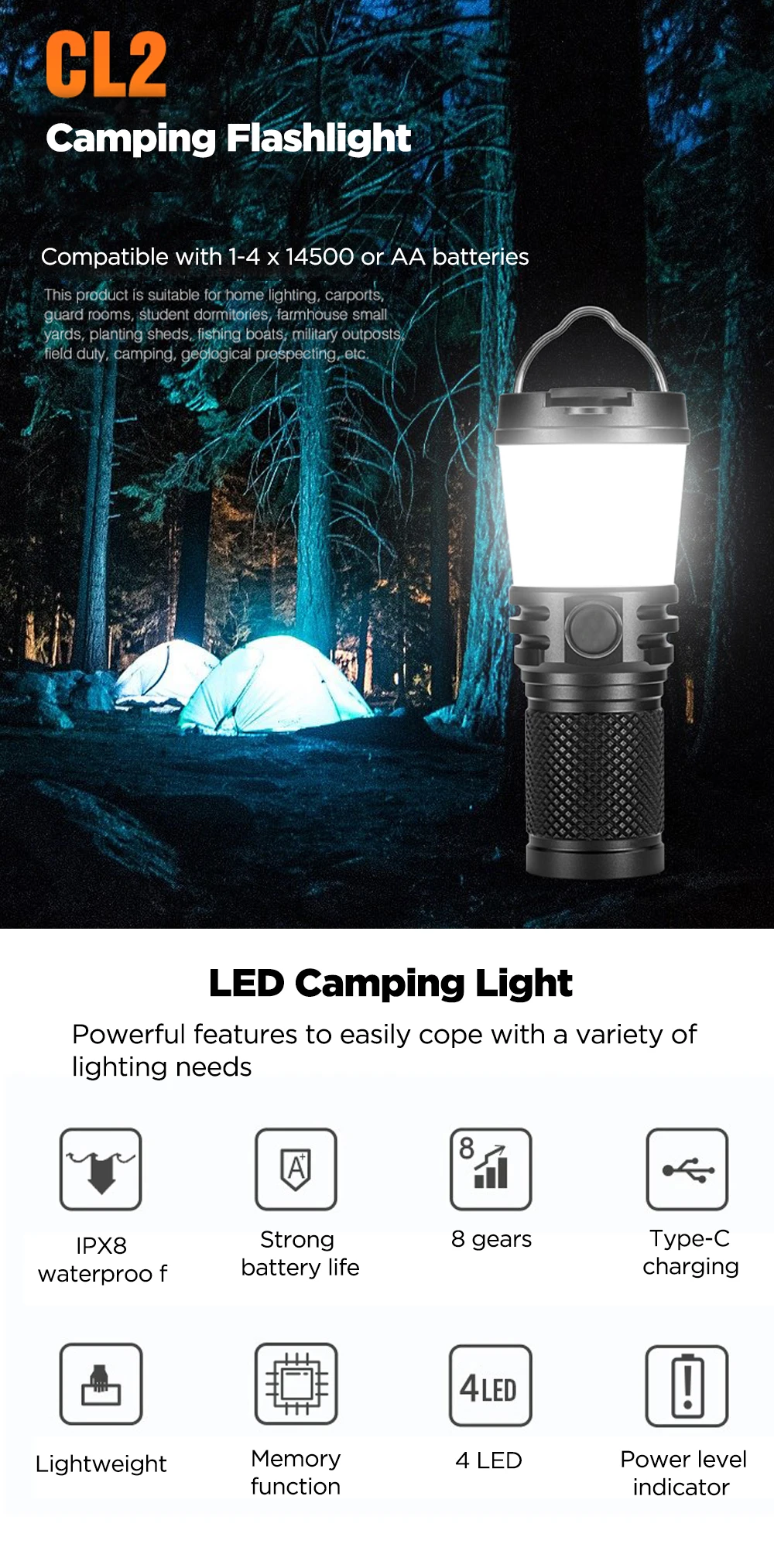 Bateria para Auto Lâmpada por 14500 Nova Lumintop Lanterna 8 Mod Ajustável Usb-c Recarregável Tenda Defesa Cl2 650lm 1 mod, com bateria de, para autodefesa