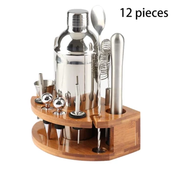 

12pcs Spoon Bar Bamboo Stand Diversion Nozzle Stainless Steel Home Cocktail Shaker Set Ice Clip Crushed Popsicle Drink Mixing