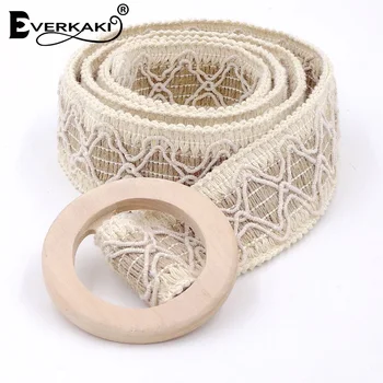 

Everkaki Boho Lace Patchwork Belt Women Waist Belt Round Wooden Buckle Knitted Belts For Women Dress Jeans 2020 New Fashion