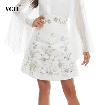 

VGH Patchwork Skirt For Women Embroidery Flower High Waist Elegant Large Size Mini Skirts Female 2020 Summer Fashion New Style