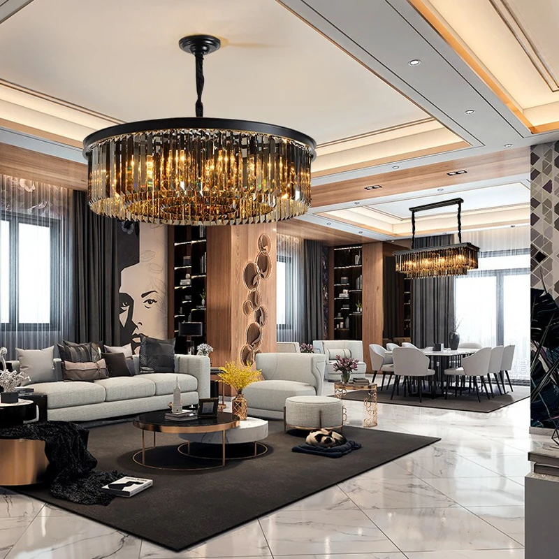 Modern Crystal Led Chandelier Luxury Pendant Lamp For Living Room Dining Kitchen Hotel Villa Black Ceiling Hanging Light | Лампы и