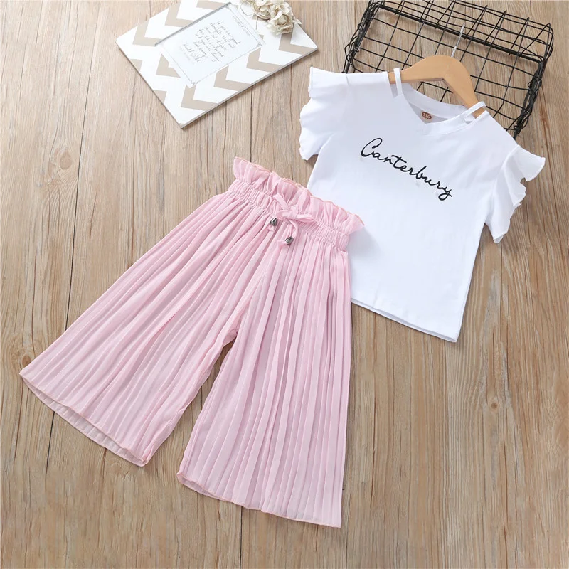 Baby Girls Clothes Sets Summer Short Sleeve + Wide Leg Pants Children Clothing Kids Outfits 5-12 Years