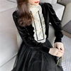 New Spring Vintage Blouse Women Long Sleeve Double Breasted Shirt Velvet Tops Stand Collar Ruffles Patchwork Sweet Blouses 3