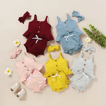 

Infant Baby Girl Clothes Ruffles Solid Suspender Sleeveless Tops+Shorts+Headband Outfits bebes 3M-18M