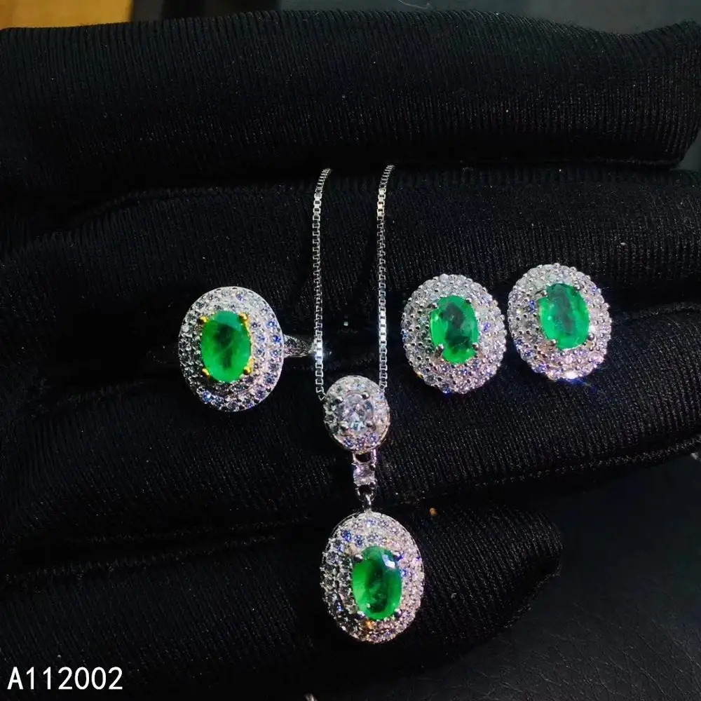 

KJJEAXCMY fine jewelry natural Emerald 925 sterling silver women pendant earrings ring set support test elegant hot selling