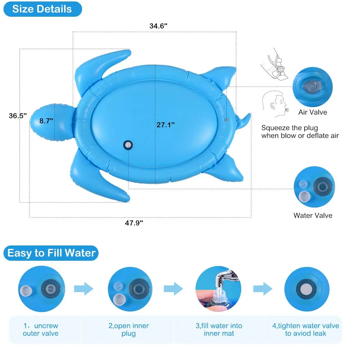 Tummy Time Water Mat, Baby Water Mat Infant Inflatable Play Mat for 3 6 9 12 Months Newborn Boys Girls-122cm*95cm
